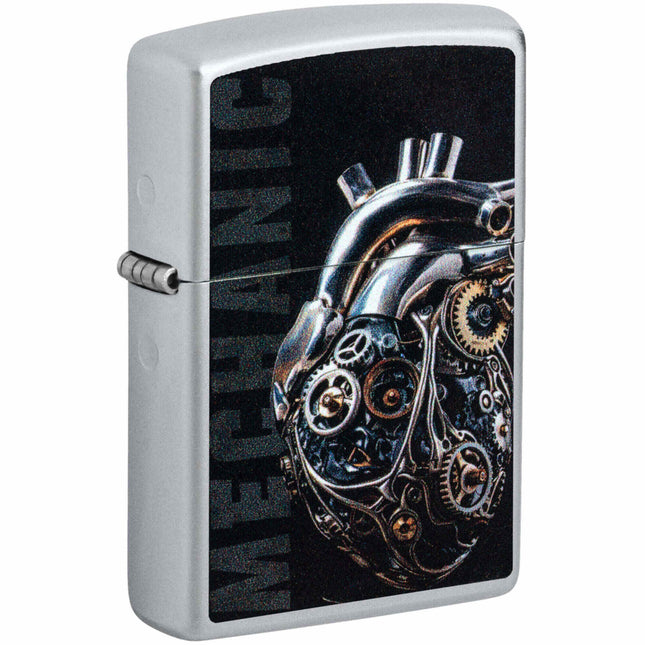 Zippo Pocket Lighter - Mechanical Heart Design Satin Chrome Metal Windproof | 46829