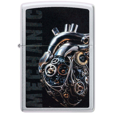Zippo Pocket Lighter - Mechanical Heart Design Satin Chrome Metal Windproof | 46829