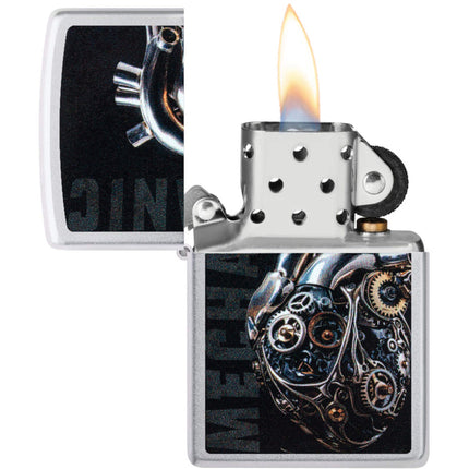 Zippo Pocket Lighter - Mechanical Heart Design Satin Chrome Metal Windproof | 46829