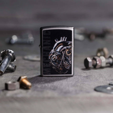 Zippo Pocket Lighter - Mechanical Heart Design Satin Chrome Metal Windproof | 46829