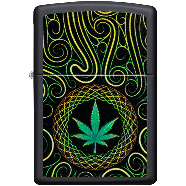 Zippo Windproof Lighter - Cannabis Mandala Leaf Design Black Matte Finish | 49915