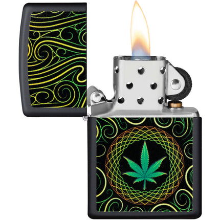 Zippo Windproof Lighter - Cannabis Mandala Leaf Design Black Matte Finish | 49915