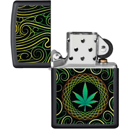 Zippo Windproof Lighter - Cannabis Mandala Leaf Design Black Matte Finish | 49915