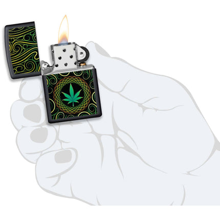 Zippo Windproof Lighter - Cannabis Mandala Leaf Design Black Matte Finish | 49915