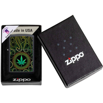 Zippo Windproof Lighter - Cannabis Mandala Leaf Design Black Matte Finish | 49915
