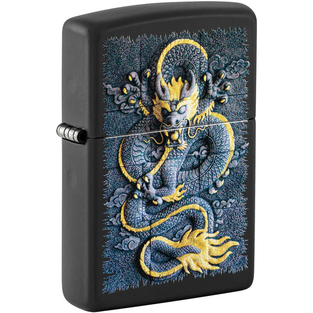 Zippo Pocket Windproof Lighter - Stone Dragon Motif Design Matte Black Finish | 47181