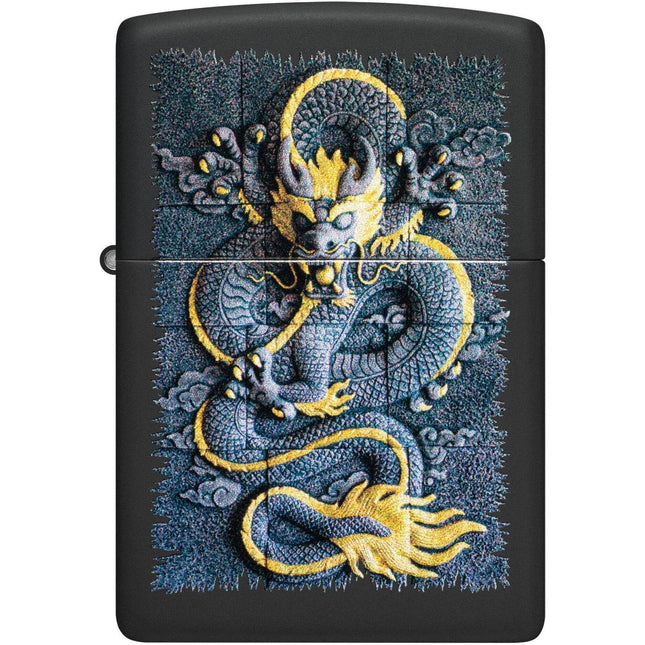 Zippo Pocket Windproof Lighter - Stone Dragon Motif Design Matte Black Finish | 47181