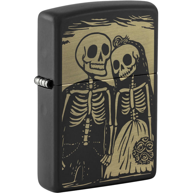 Zippo Pocket Windproof Lighter - Skeleton Wedding Design Black Matte Finish | 47210