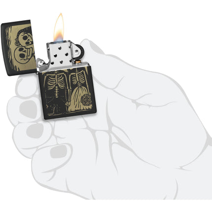 Zippo Pocket Windproof Lighter - Skeleton Wedding Design Black Matte Finish | 47210
