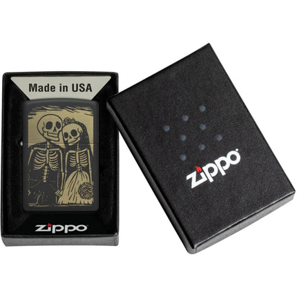 Zippo Pocket Windproof Lighter - Skeleton Wedding Design Black Matte Finish | 47210