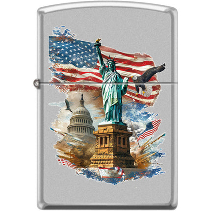 Zippo Windproof Pocket Lighter - Liberty Collage Satin Chrome Metal | XC352