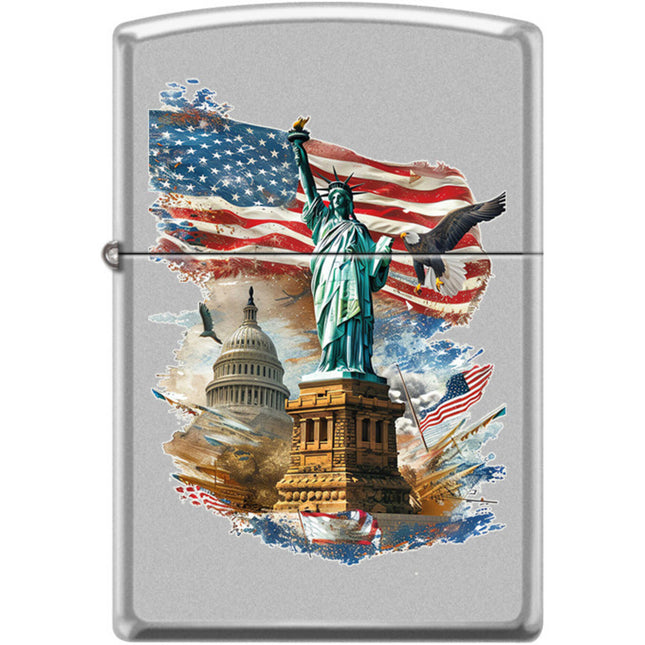 Zippo Windproof Pocket Lighter - Liberty Collage Satin Chrome Metal | XC352