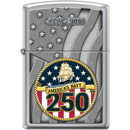 Zippo Windproof Pocket Lighter - US Navy 250th High Polish Chrome Metal | XC357