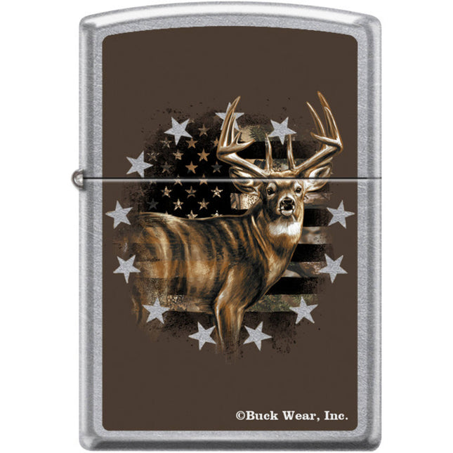 Zippo Windproof Lighter - Buck Wear Deer with American Flag Street Chrome | XC380