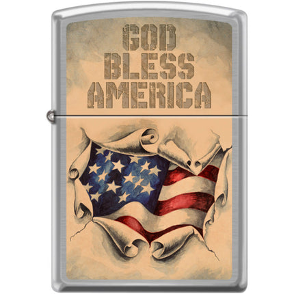 Zippo Windproof Pocket Lighter - God Bless America Brushed Chrome Metal | XC439