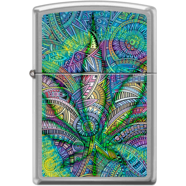 Zippo Windproof Pocket Lighter - Weed Leaf Paisley Brushed Chrome Metal | XC442