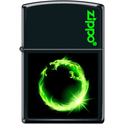 Zippo Windproof Pocket Lighter - Green Fire Dragon Ring Black Matte Metal | XC488