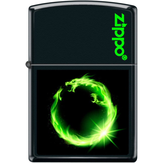 Zippo Windproof Pocket Lighter - Green Fire Dragon Ring Black Matte Metal | XC488