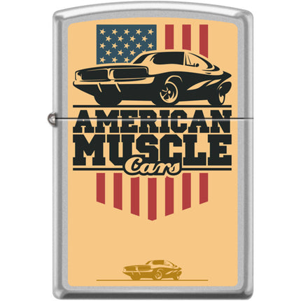 Zippo Windproof Pocket Lighter - American Muscle Cars Satin Chrome Metal | XC522