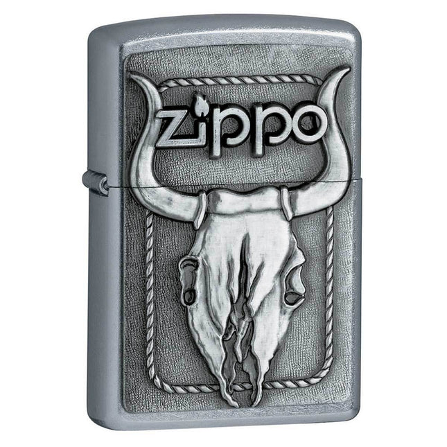 Zippo Windproof Pocket Lighter - Bull Skull & Zippo Logo Street Chrome | 20286