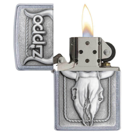 Zippo Windproof Pocket Lighter - Bull Skull & Zippo Logo Street Chrome | 20286