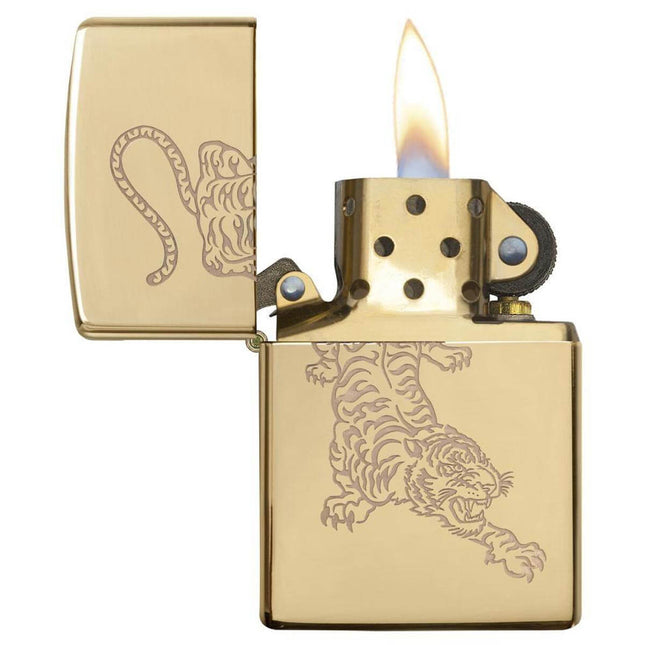 Zippo Lighter: Tiger Design High Polish Brass | 29884